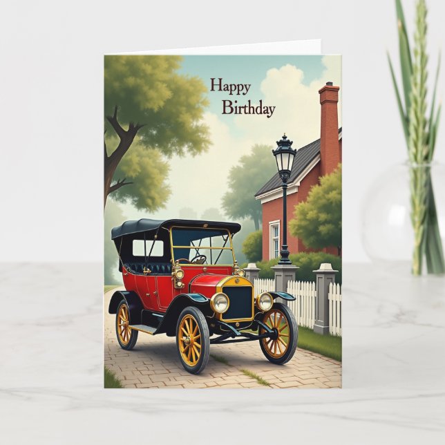 Tarjeta de cumpleaños de coche rojo alegre (Anverso)