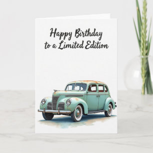 Tarjeta de cumpleaños de coche vintage aqua