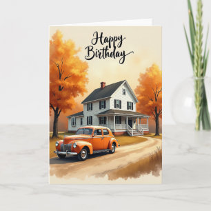 Tarjeta de cumpleaños de coche vintage de otoño