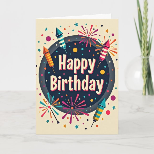 Tarjeta de cumpleaños de cohetes coloridos (Anverso)