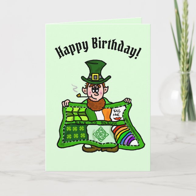 Tarjeta de cumpleaños de colcha irlandesa y duende (Anverso)