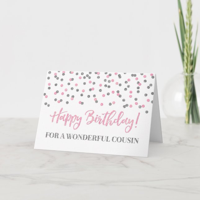 Tarjeta de cumpleaños de confeti de plata rosa par (Anverso)