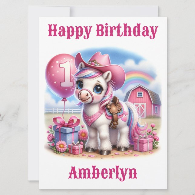 Tarjeta de cumpleaños de Cowgirl Pony de 1 año (Anverso)