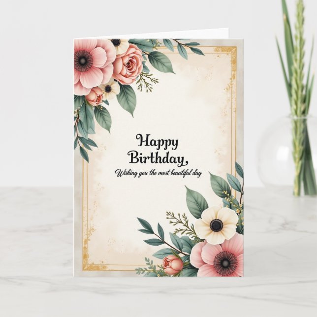 Tarjeta de cumpleaños de crema botánica (Anverso)