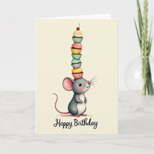 Tarjeta de cumpleaños de Cupcake con Ratón Adorabl