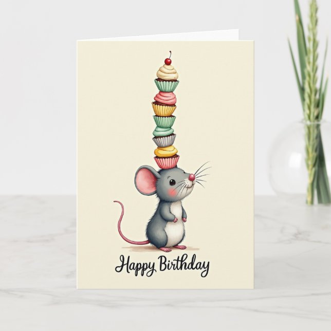 Tarjeta de cumpleaños de Cupcake con Ratón Adorabl (Anverso)