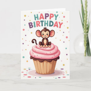 Tarjeta de cumpleaños de Cupcake de Mono Juguetón