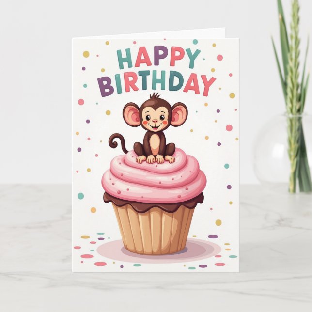 Tarjeta de cumpleaños de Cupcake de Mono Juguetón (Anverso)