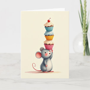 Tarjeta de cumpleaños de Cupcake del ratón alegre