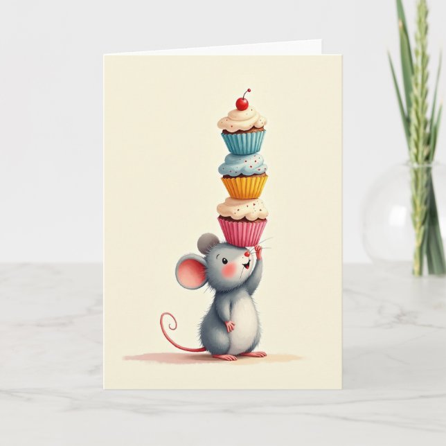 Tarjeta de cumpleaños de Cupcake del ratón alegre (Anverso)
