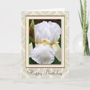 Tarjeta de cumpleaños de Damask White Iris Happy