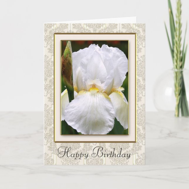 Tarjeta de cumpleaños de Damask White Iris Happy (Anverso)