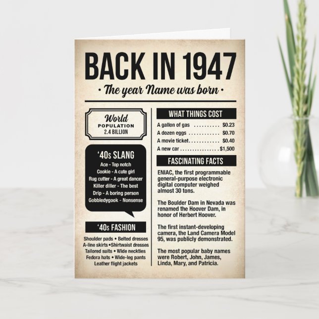 Tarjeta de cumpleaños de datos divertidos de 1947 (Anverso)