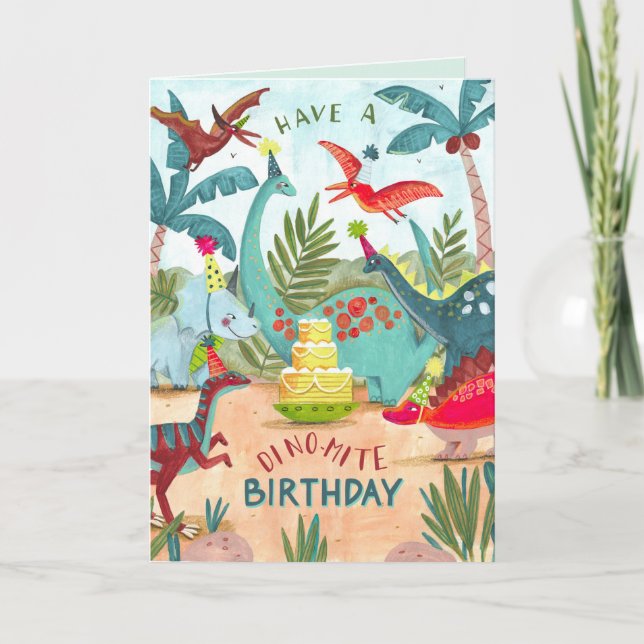 Tarjeta de cumpleaños de dino-mite para niños de D (Anverso)