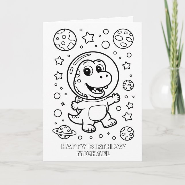 tarjeta de cumpleaños de dinosaurio de espacio ple (Anverso)