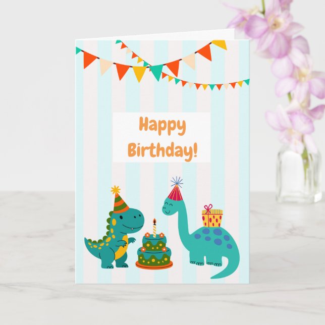 Tarjeta de cumpleaños de dinosaurio de rayas azule (Orquídea)
