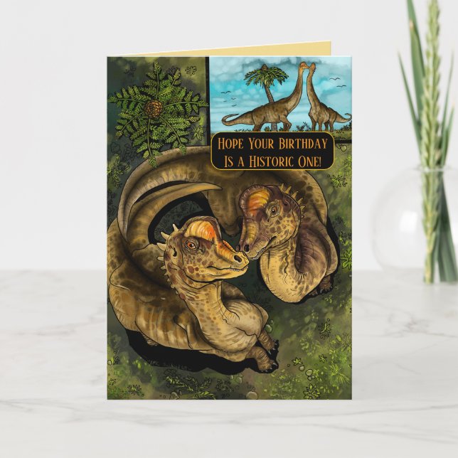Tarjeta de cumpleaños de dinosaurio prehistórico (Anverso)