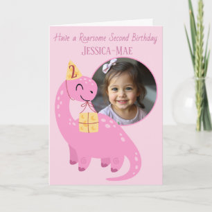 Tarjeta de cumpleaños de dinosaurio rosa para 2 añ