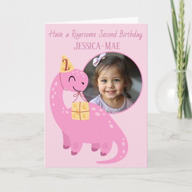 Tarjeta de cumpleaños de dinosaurio rosa para 2 añ (Anverso)