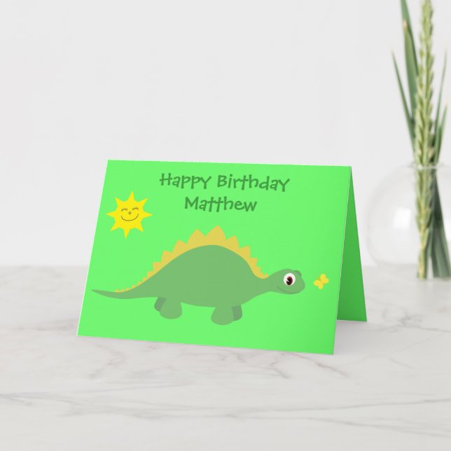 Tarjeta de cumpleaños de dinosaurio verde y amaril (Anverso)