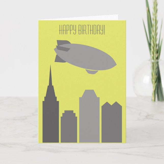 Tarjeta de cumpleaños de dirigible gris y amarillo (Anverso)