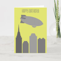 Tarjeta de cumpleaños de dirigible gris y amarillo