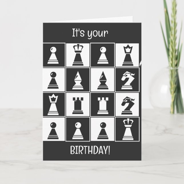 Tarjeta de cumpleaños de diseño de ajedrez (Anverso)