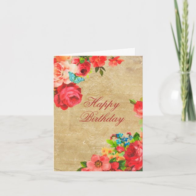 Tarjeta de cumpleaños de diseño floral de rosas ro (Anverso)