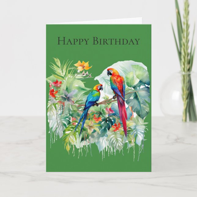 Tarjeta de cumpleaños de dos loros en una rama #1 (Anverso)
