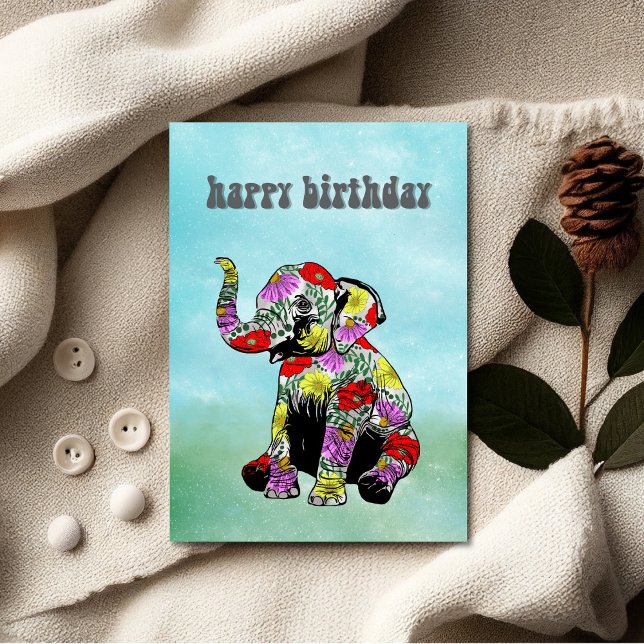 Tarjeta de cumpleaños de elefante bebé floral capr (Unique Birthday Cards: Geometric and Flat Art styles featuring florals, animals, and modern designs.)