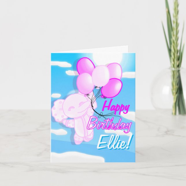 Tarjeta de cumpleaños de elefante lindo rosa y azu (Anverso)