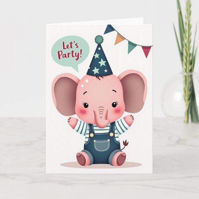 Tarjeta de cumpleaños de elefante rosa (Anverso)