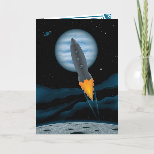 Tarjeta de cumpleaños de escena de nave espacial c (Anverso)