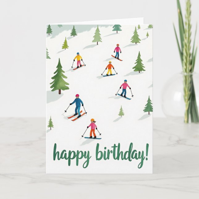 Tarjeta de cumpleaños de esquí alegre (Anverso)
