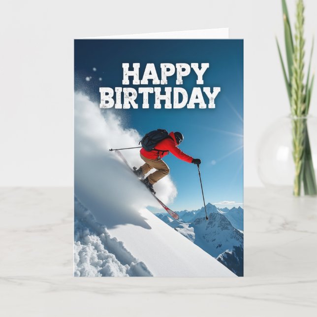 Tarjeta de cumpleaños de esquí de aventura (Anverso)