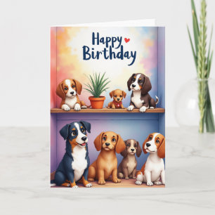 Tarjeta de cumpleaños de estante de cachorros