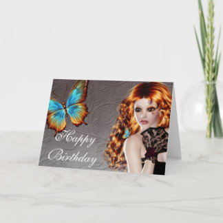 Tarjeta de cumpleaños de Fantasy Butterfly Redhead