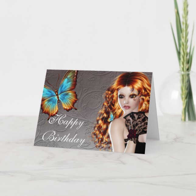 Tarjeta de cumpleaños de Fantasy Butterfly Redhead (Anverso)