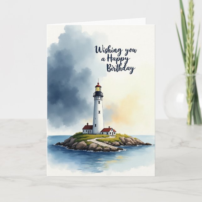 Tarjeta de cumpleaños de faro con acuarela (Anverso)