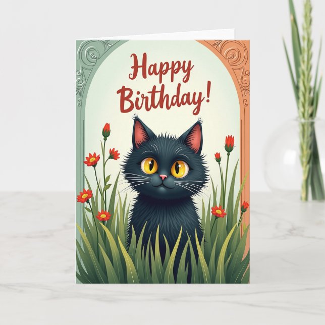 Tarjeta de cumpleaños de felino curioso (Anverso)