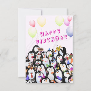 Tarjeta de cumpleaños de fiesta de pingüino feliz
