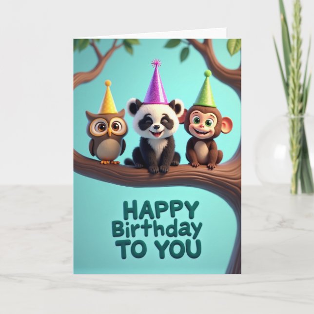 Tarjeta de cumpleaños de fiesta en el bosque (Anverso)