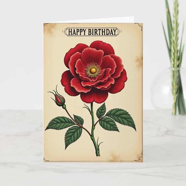 Tarjeta de cumpleaños de flor carmesí elegante (Anverso)
