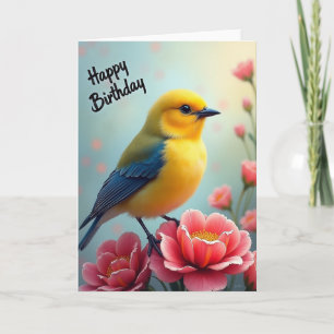 Tarjeta de cumpleaños de flor de coral de pájaro a