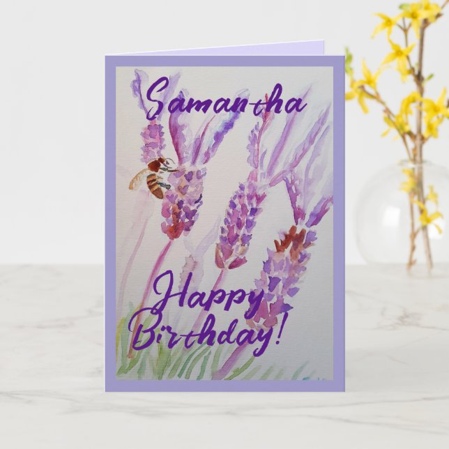 Tarjeta de cumpleaños de flor de lavanda y acuarel (flor amarilla)