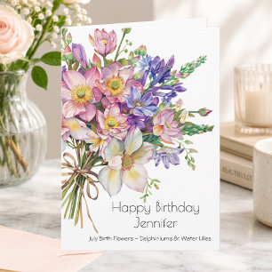 Tarjeta de cumpleaños de flor de nacimiento de jul