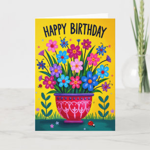 Tarjeta de cumpleaños de flores de arte popular
