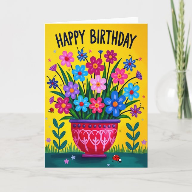 Tarjeta de cumpleaños de flores de arte popular (Anverso)