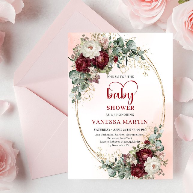 Tarjeta de Cumpleaños de Flores de Marsala con Ver (Stylish Marsala Flowers Greenery Baby Shower Card

)