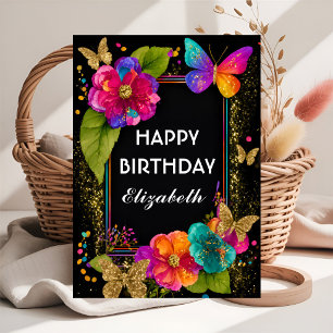 Tarjeta de cumpleaños de flores de peonía y maripo